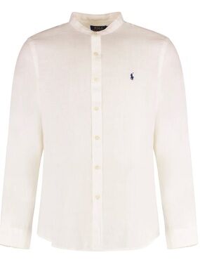 Polo by Ralph Lauren White Band-Collar Oxford Shirt with Navy Pony